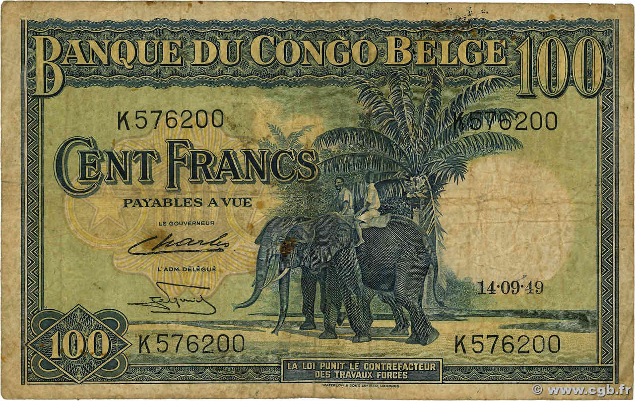 100 Francs BELGA CONGO  1949 P.17d RC+