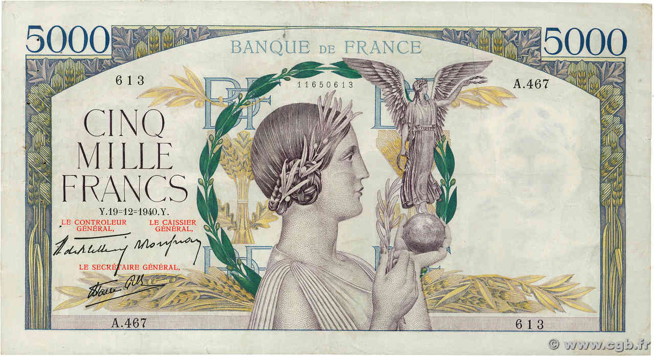 5000 Francs VICTOIRE Impression à plat FRANKREICH  1940 F.46.17 fSS