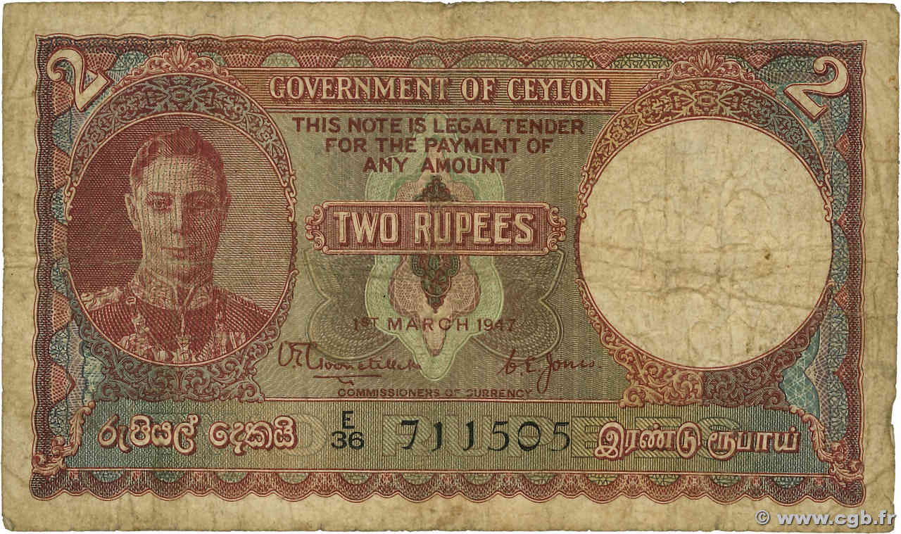 2 Rupees CEYLAN  1947 P.35 B