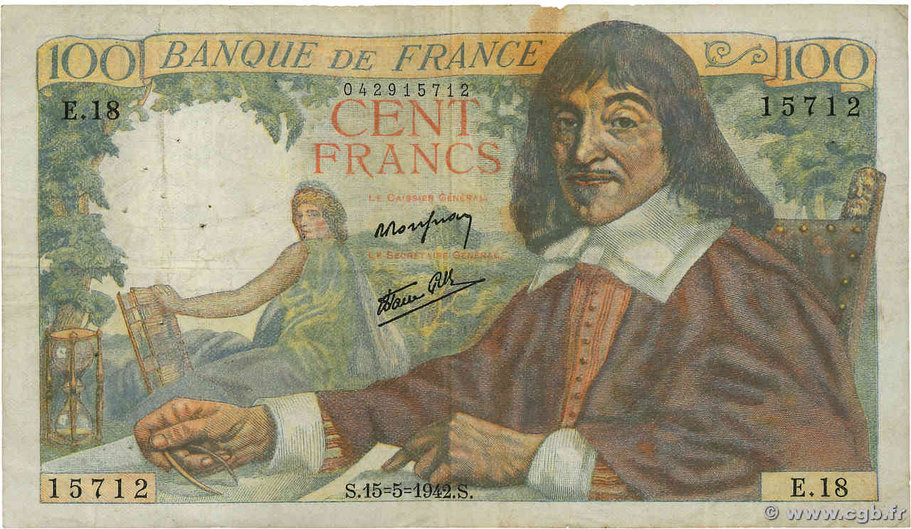 100 Francs DESCARTES FRANCE  1942 F.27.01 TB