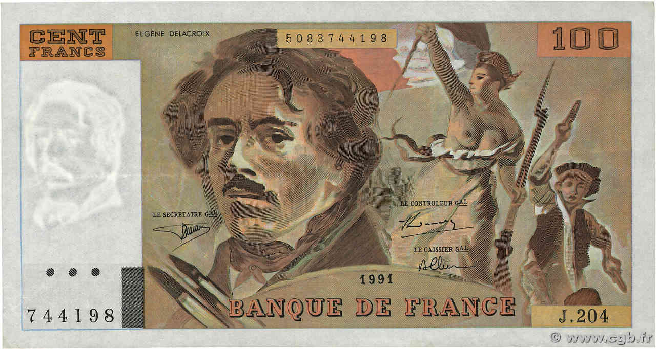 100 Francs DELACROIX imprimé en continu FRANCE  1991 F.69bis.04b TB