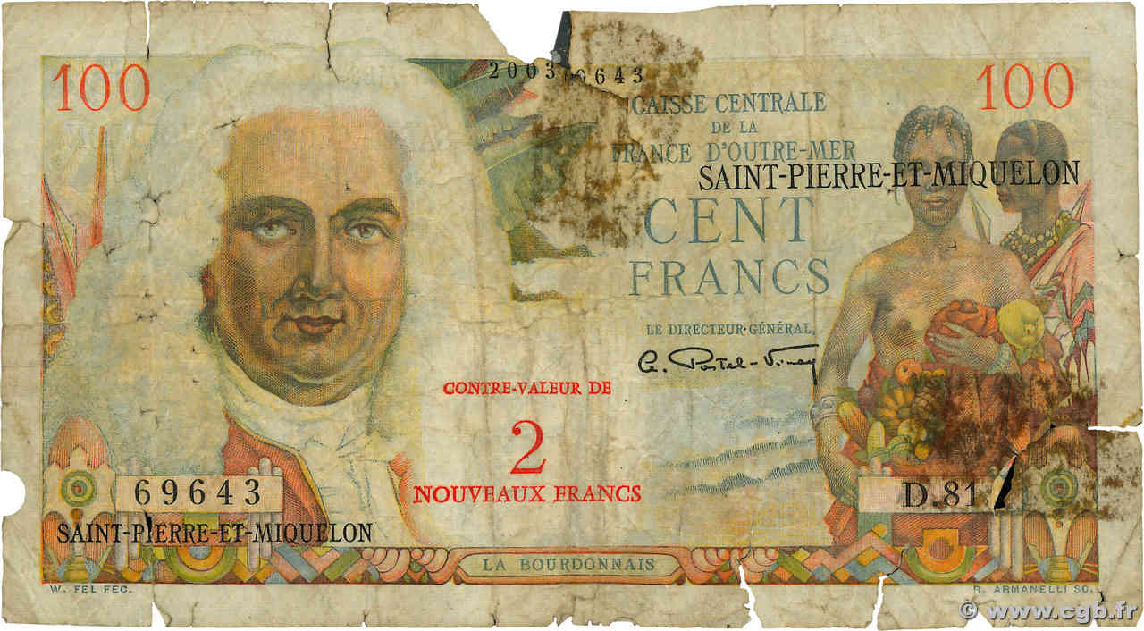 2 NF sur 100 Francs La Bourdonnais SAINT PIERRE ET MIQUELON  1960 P.32 pr.B