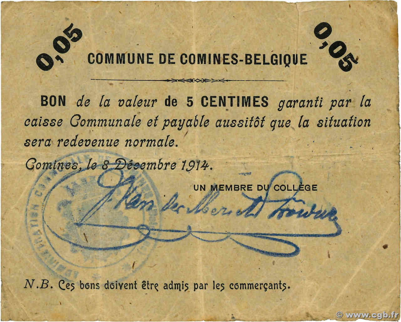 5 Centimes BELGIQUE Comines  1914 P.-- TB