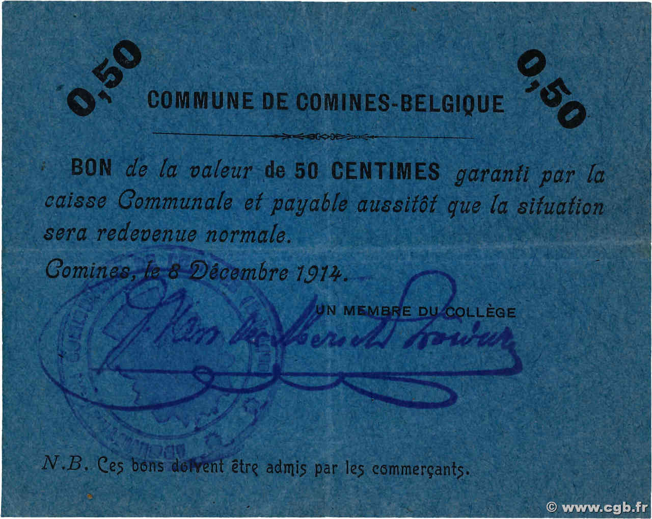 50 Centimes BELGIQUE Comines  1914 P.-- TB