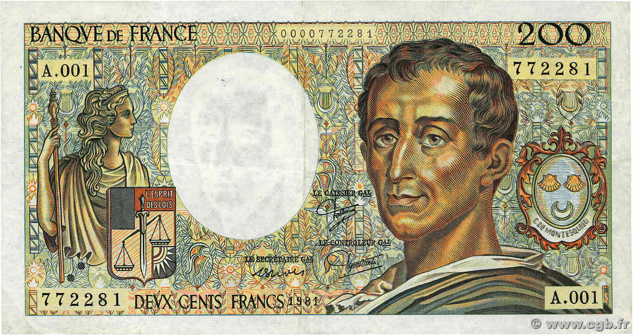 200 Francs MONTESQUIEU FRANCIA  1981 F.70.01A1 q.BB