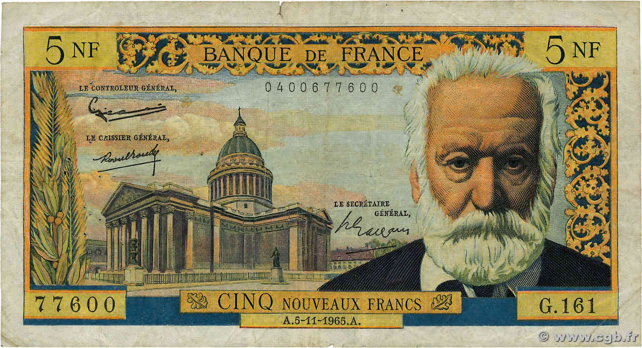 5 Nouveaux Francs VICTOR HUGO FRANCE  1965 F.56.21 pr.TB