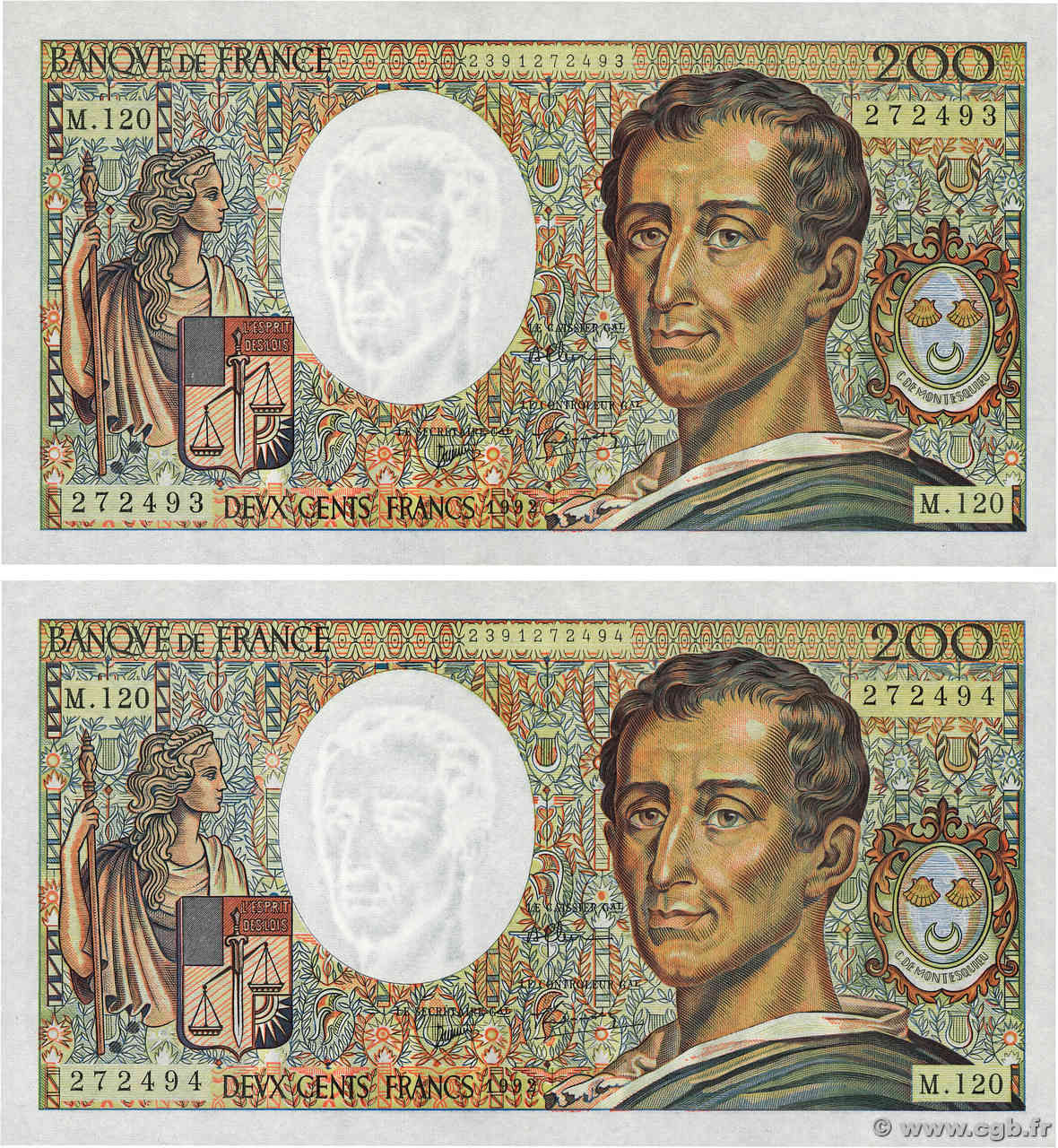 200 Francs MONTESQUIEU Consécutifs FRANCIA  1992 F.70.12b AU