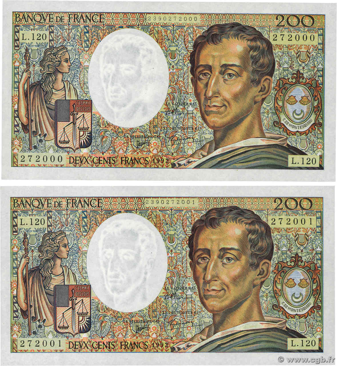 200 Francs MONTESQUIEU Consécutifs FRANCIA  1992 F.70.12b AU