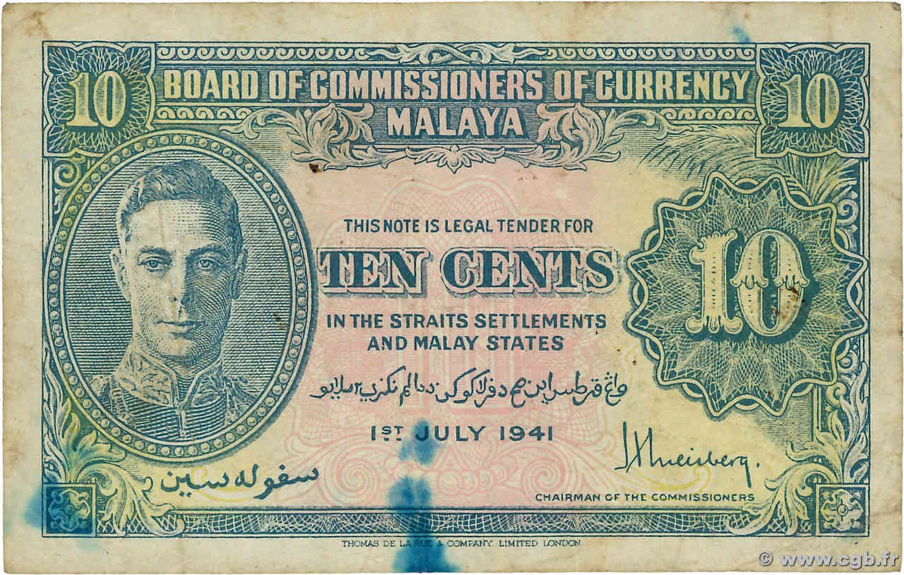 10 Cents MALAYA  1941 P.08 F