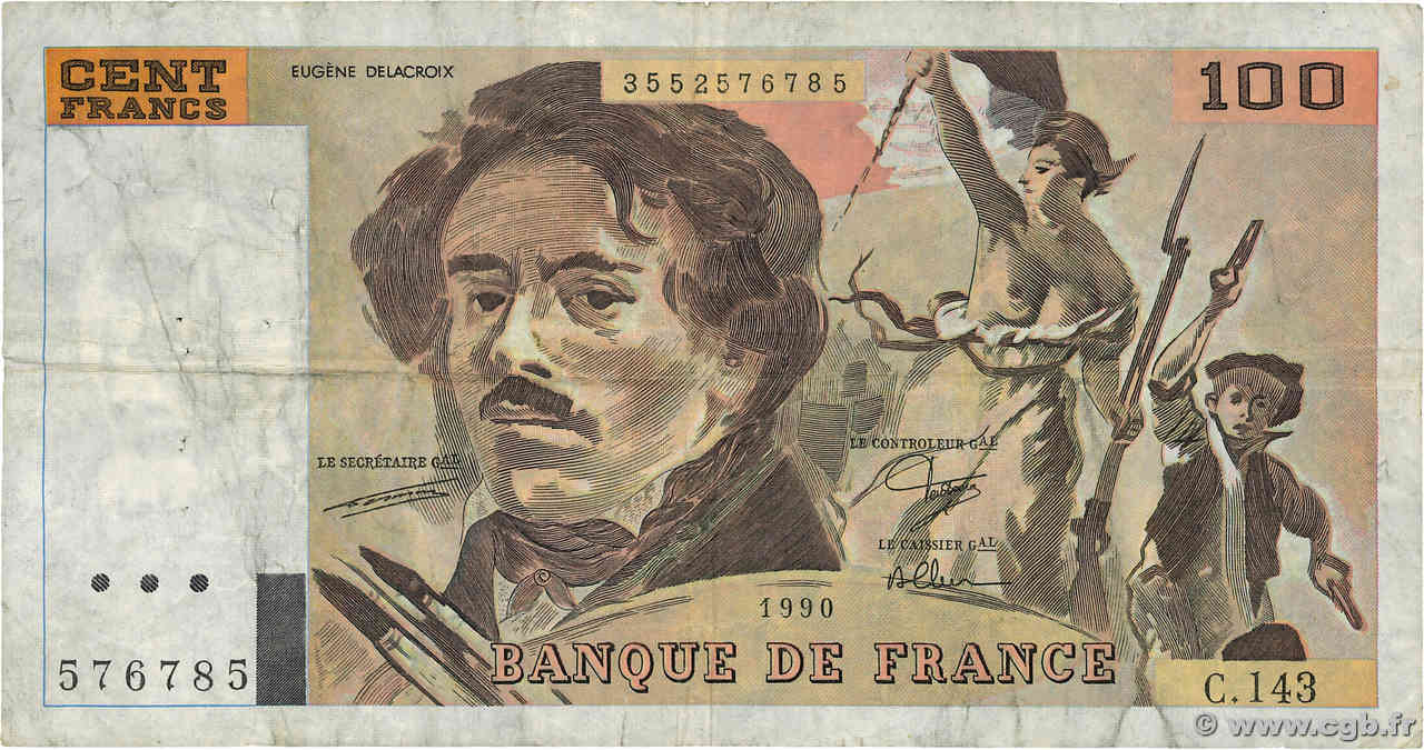 100 Francs DELACROIX imprimé en continu FRANKREICH  1990 F.69bis.01bC fS