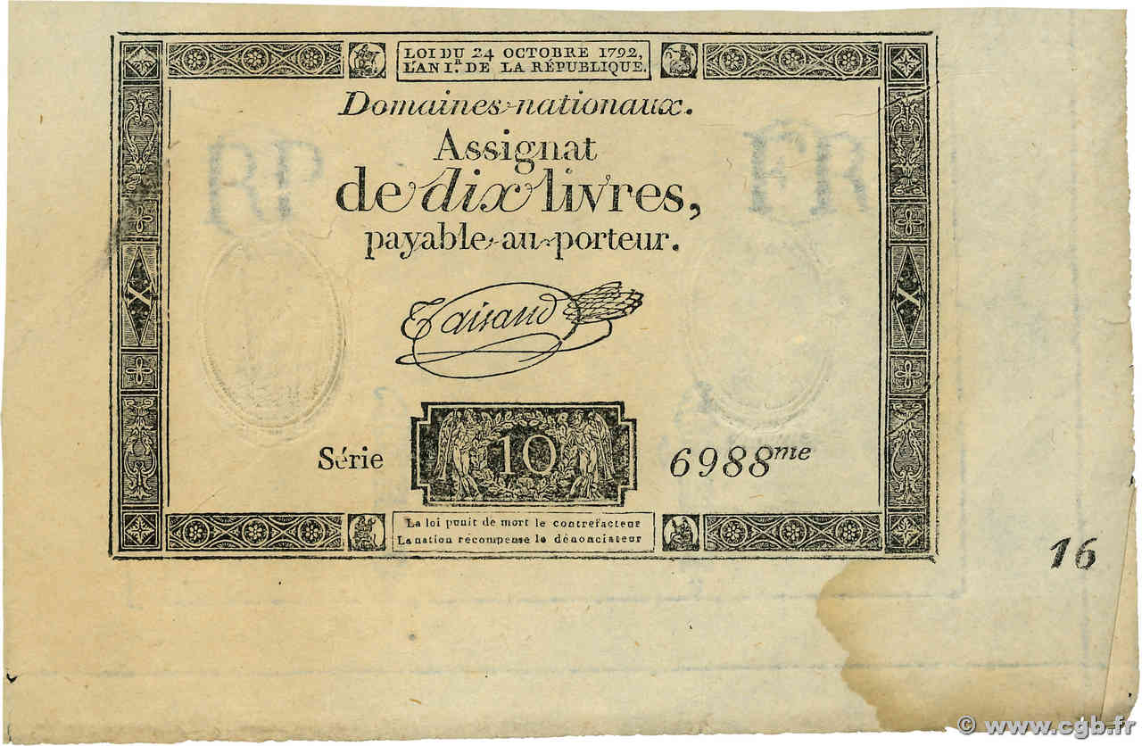 10 Livres filigrane républicain  FRANCE  1792 Ass.36b SUP+