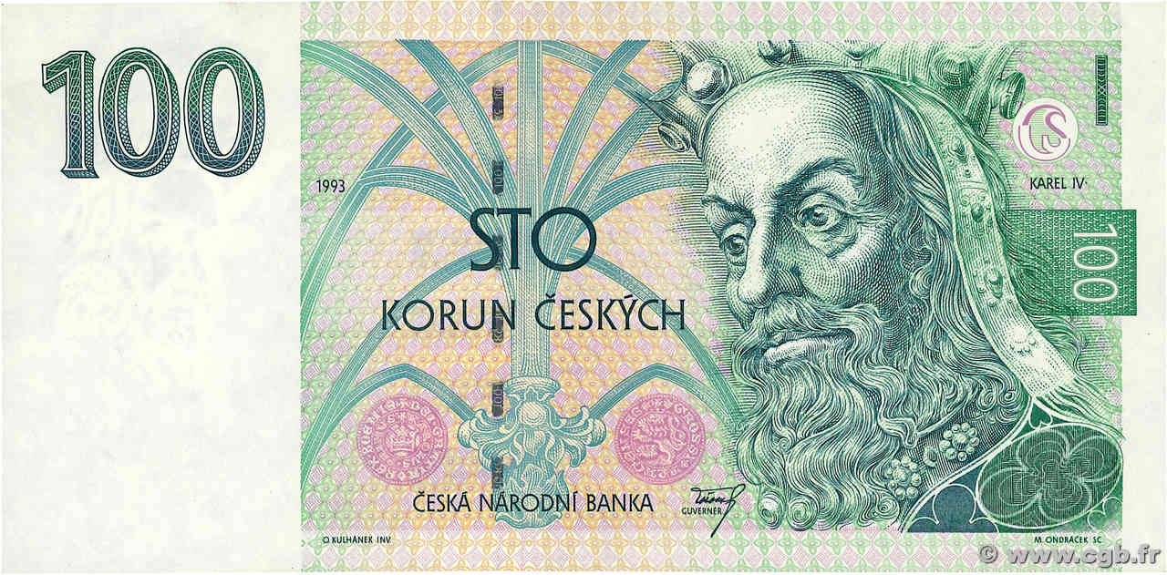 100 Korun CZECH REPUBLIC  1993 P.05a XF-
