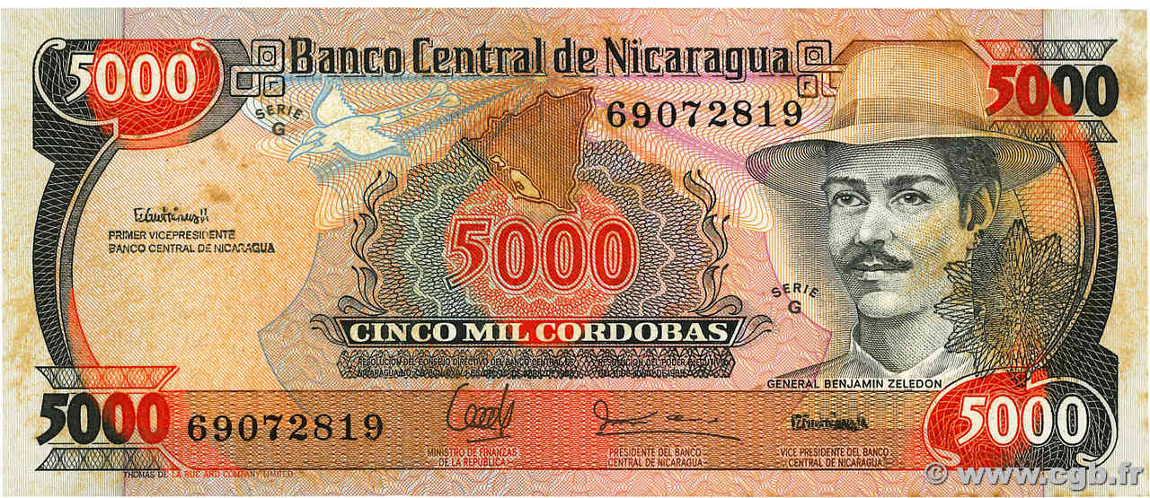 5000 Cordobas NICARAGUA  1987 P.157 MBC+