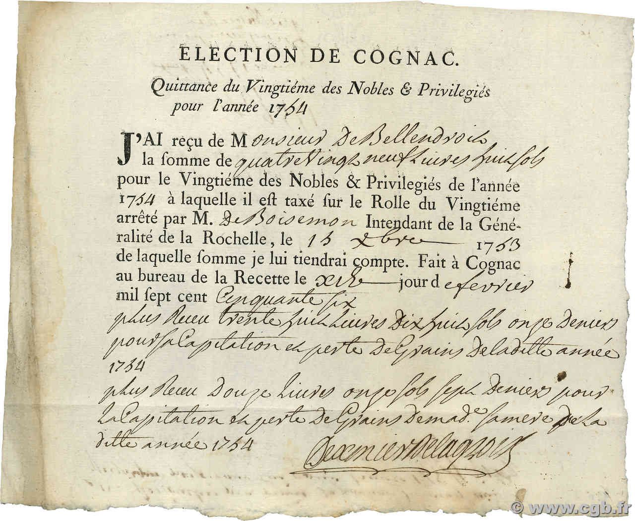 89 Livres FRANCE Cognac 1754 P.- SUP