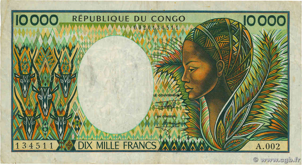 10000 Francs CONGO  1992 P.13 F