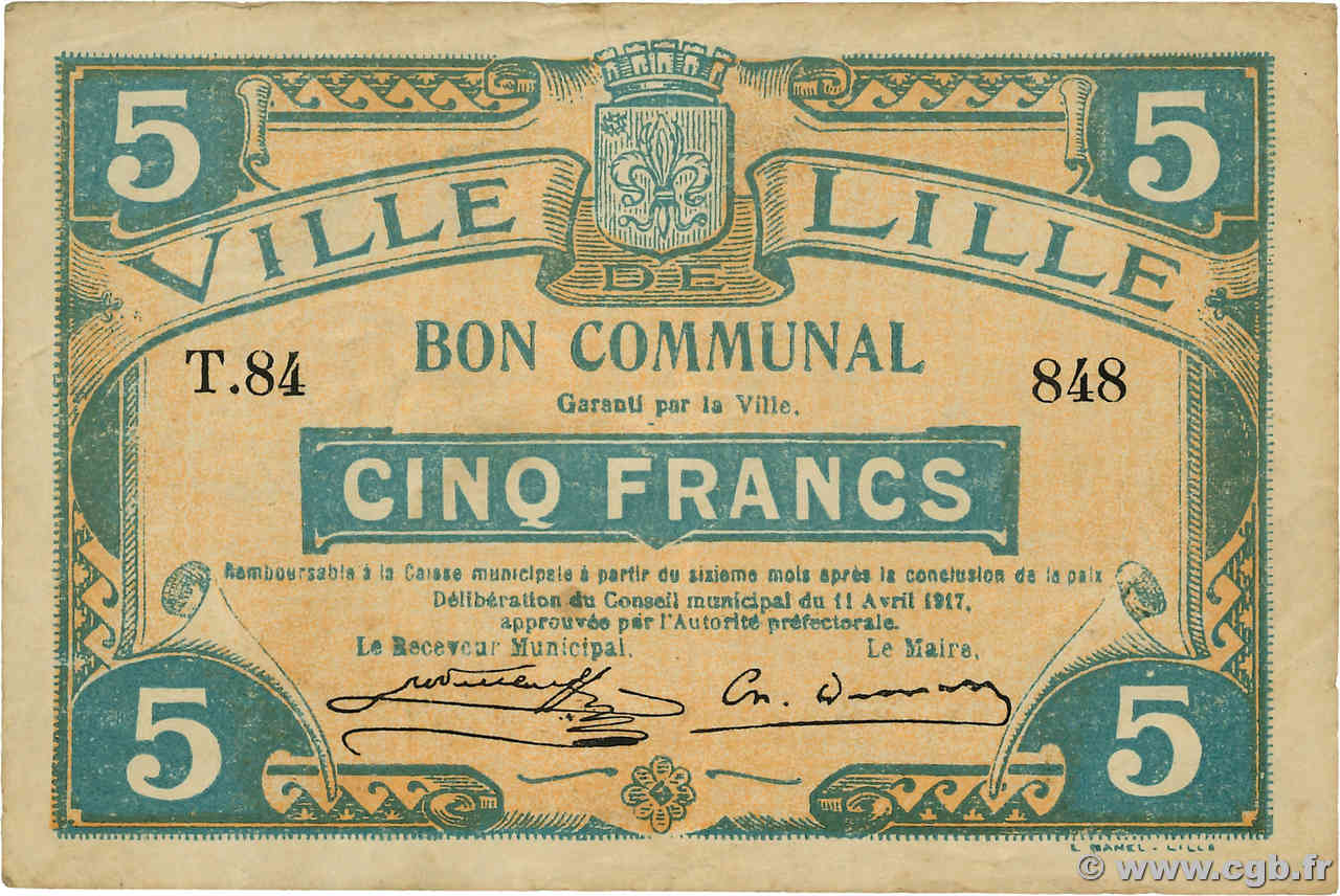 5 Francs FRANCE regionalism and various Lille 1917 JP.59-1615 VF+