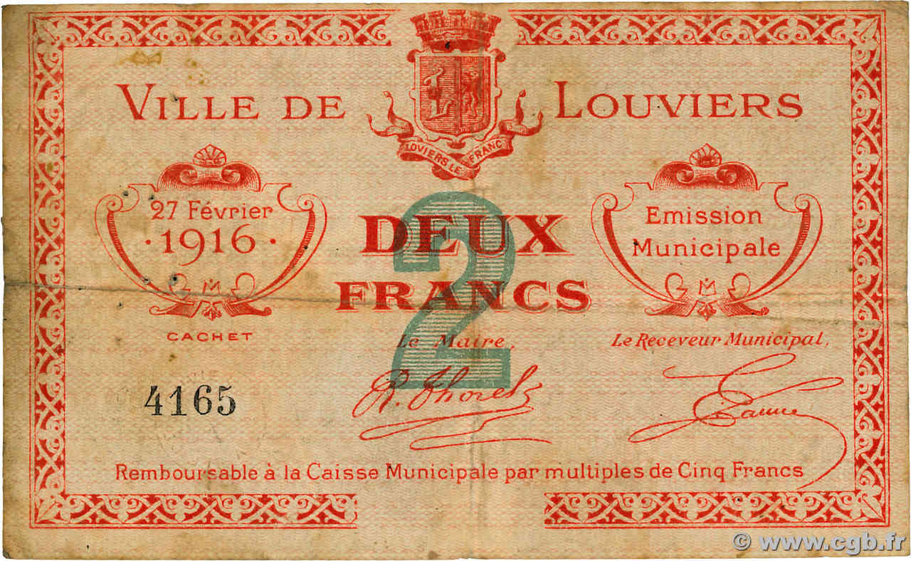 2 Francs FRANCE regionalism and various Louviers 1916 JP.27-12 F