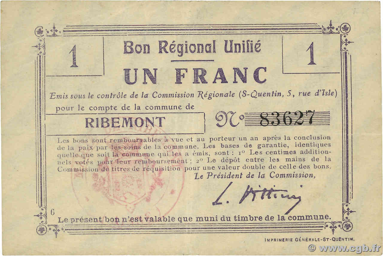 1 Franc FRANCE regionalismo y varios Ribemont 1914 JP.02-1940 MBC