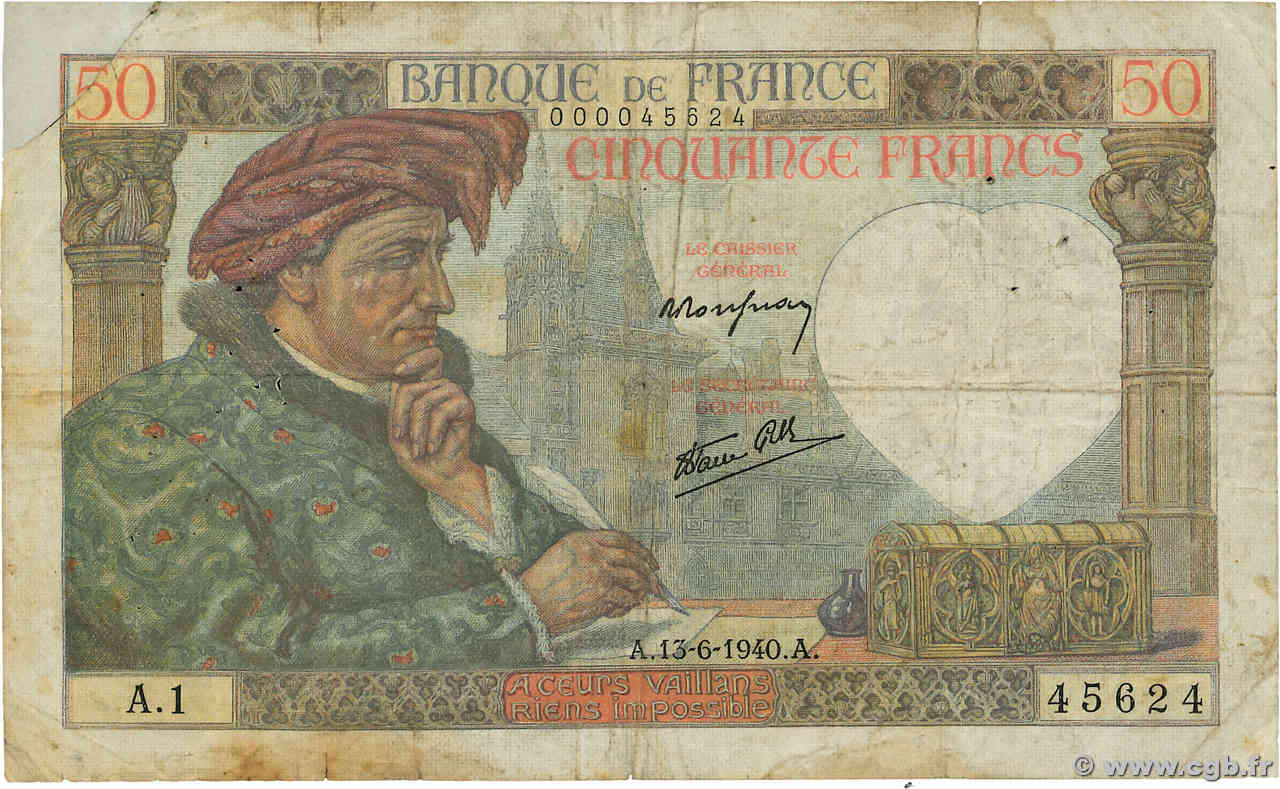 50 Francs JACQUES CŒUR Petit numéro FRANCE  1940 F.19.01A1 B+