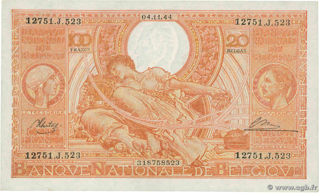 100 Francs - 20 Belgas BELGIQUE  1944 P.113 SPL