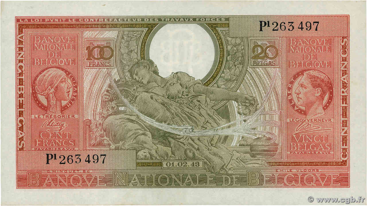 100 Francs - 20 Belgas BELGIQUE  1943 P.123 SUP+