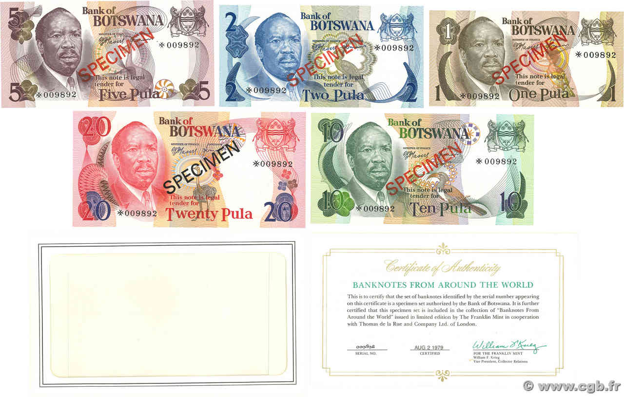 Lot de 5 billets Spécimen BOTSWANA  1979 P.CS1 FDC