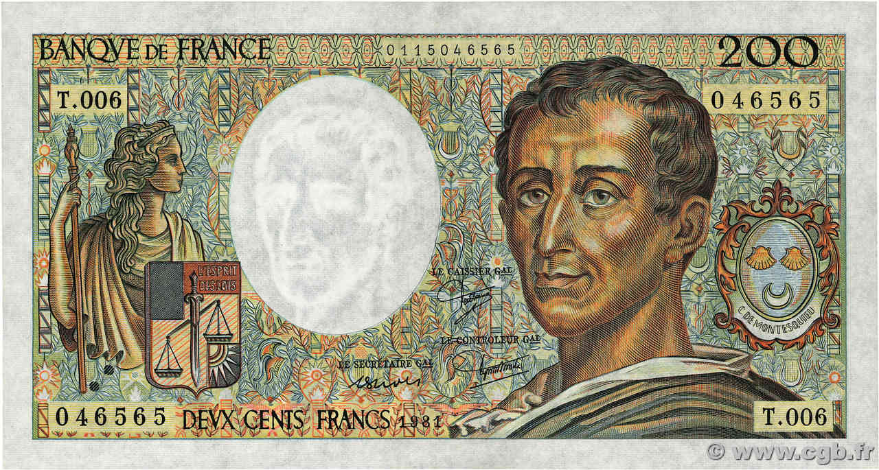 200 Francs MONTESQUIEU FRANCE  1981 F.70.01 SUP
