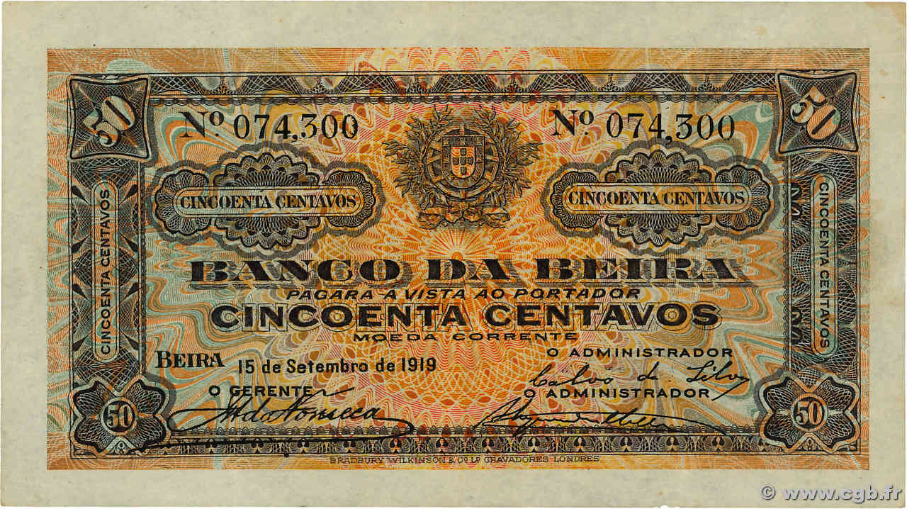 50 Centavos MOZAMBIK Beira 1919 P.R03b VZ