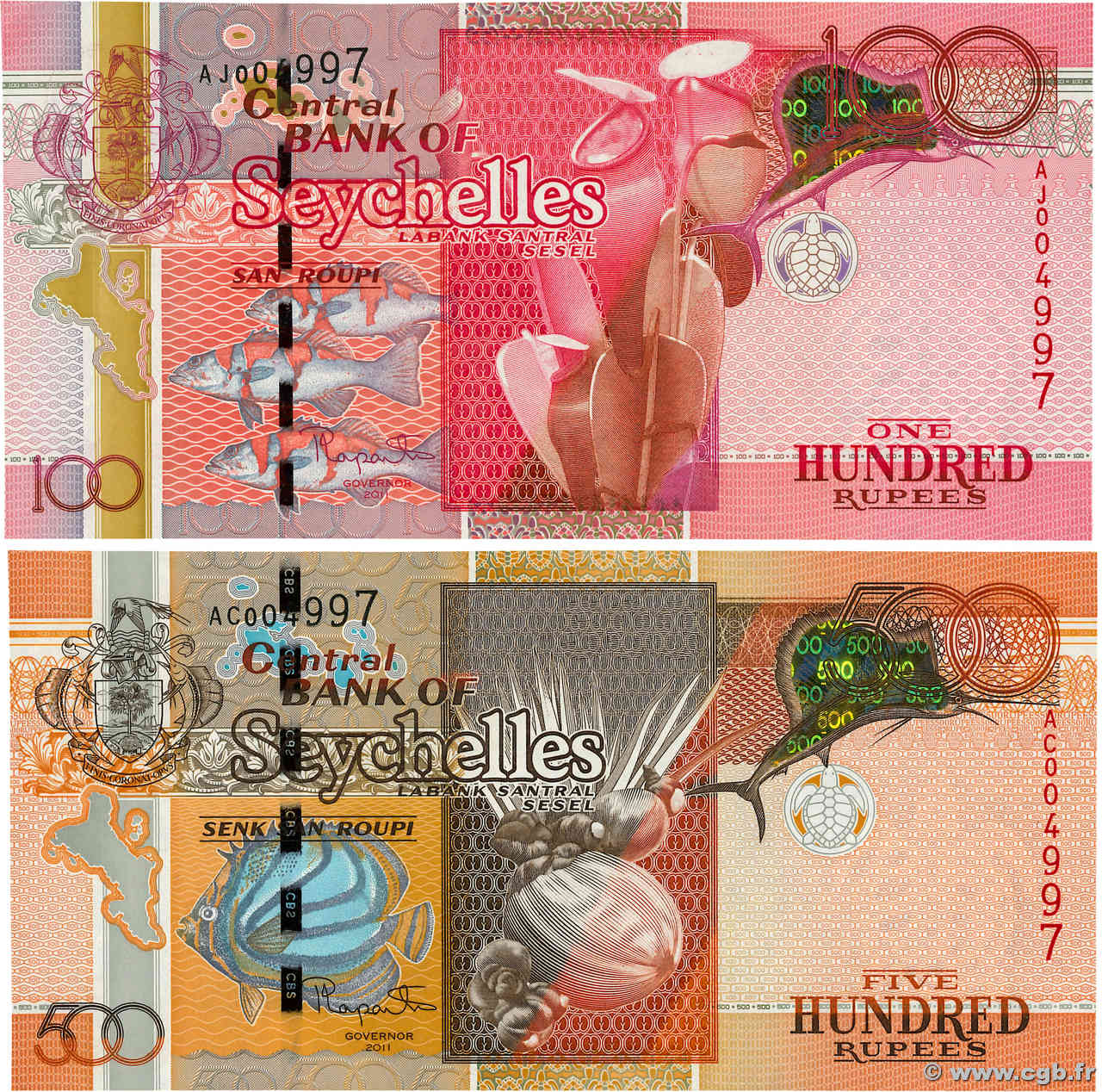 100 et 500 Rupees Lot SEYCHELLES  2011 P.44a UNC