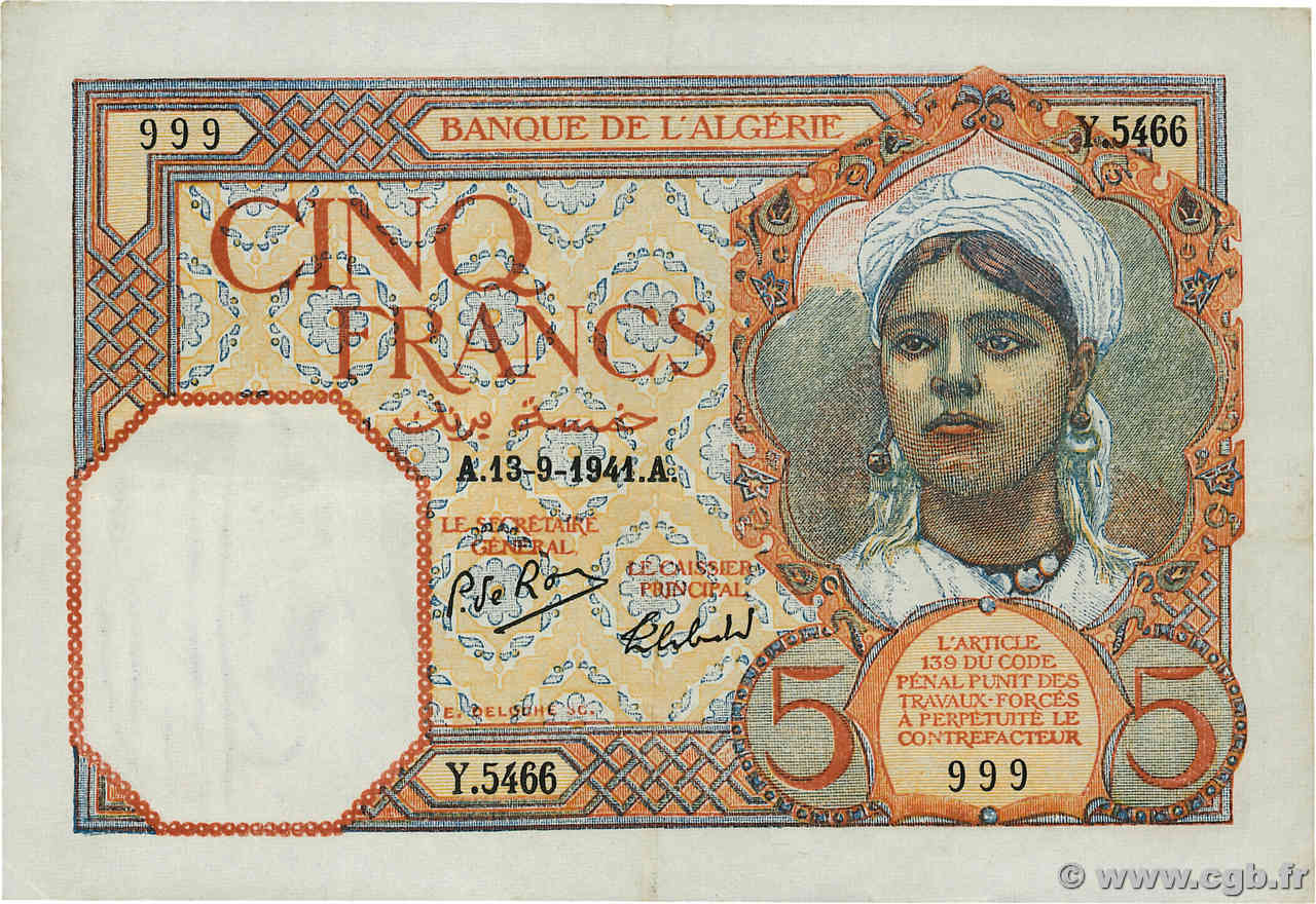 5 Francs Numéro spécial ALGÉRIE  1941 P.077b TTB+