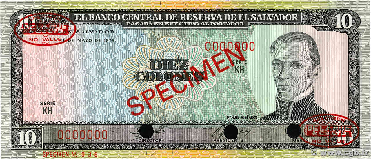 10 Colones Spécimen SALVADOR  1978 P.129s NEUF