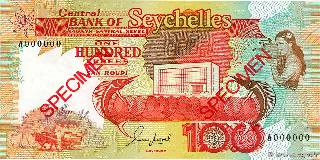 100 Rupees Spécimen SEYCHELLES  1989 P.35s UNC