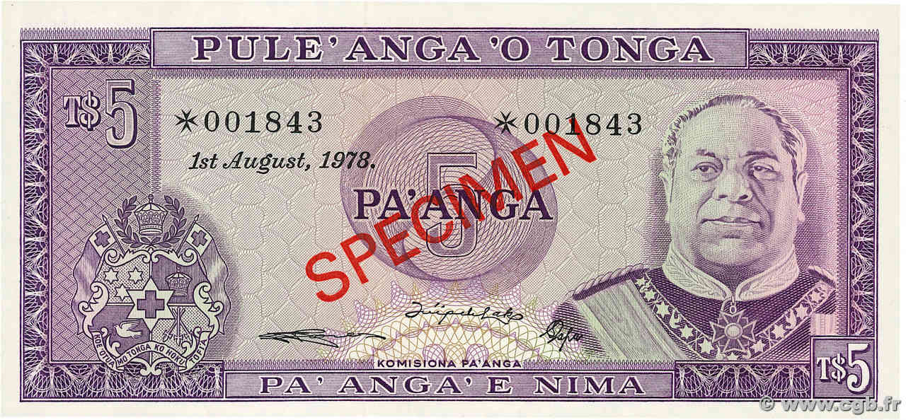 5 Pa anga Spécimen TONGA  1978 P.CS1  FDC