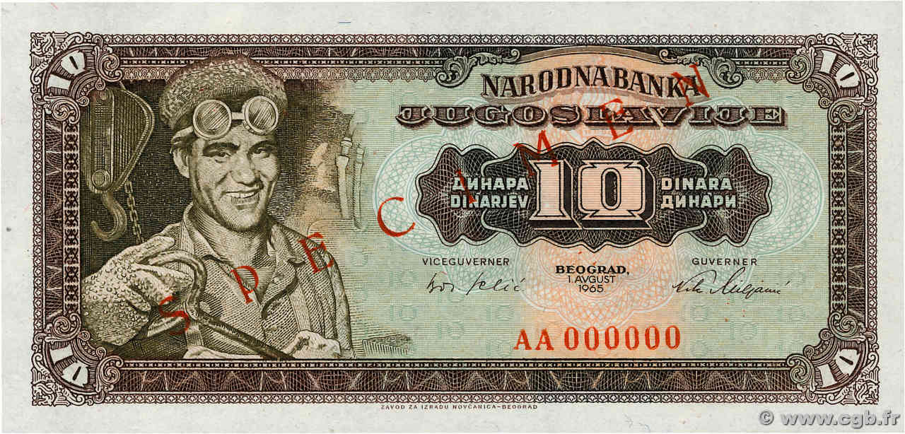 10 Dinara Spécimen YUGOSLAVIA  1965 P.078s UNC