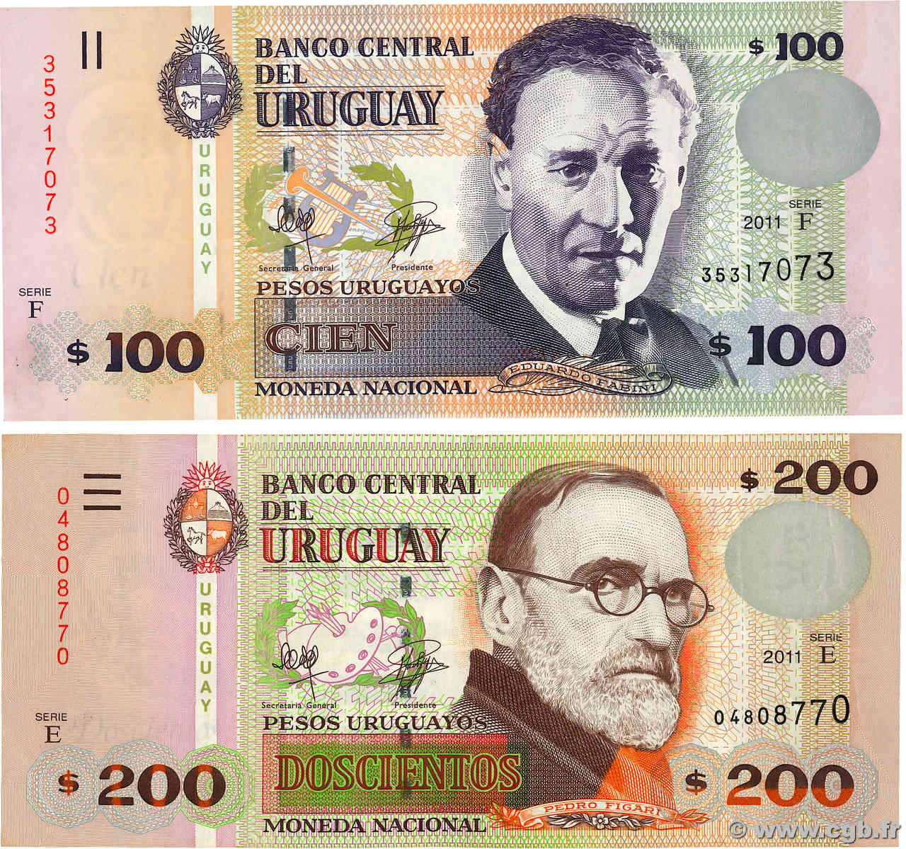 100 et 200 Pesos Uruguayos Lot URUGUAY  2011 P.088b et P.089c TB+