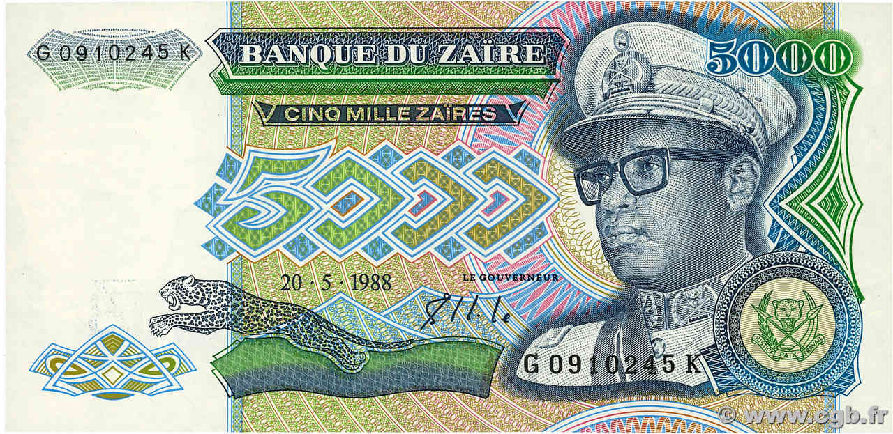5000 Zaïres ZAÏRE  1988 P.37b NEUF