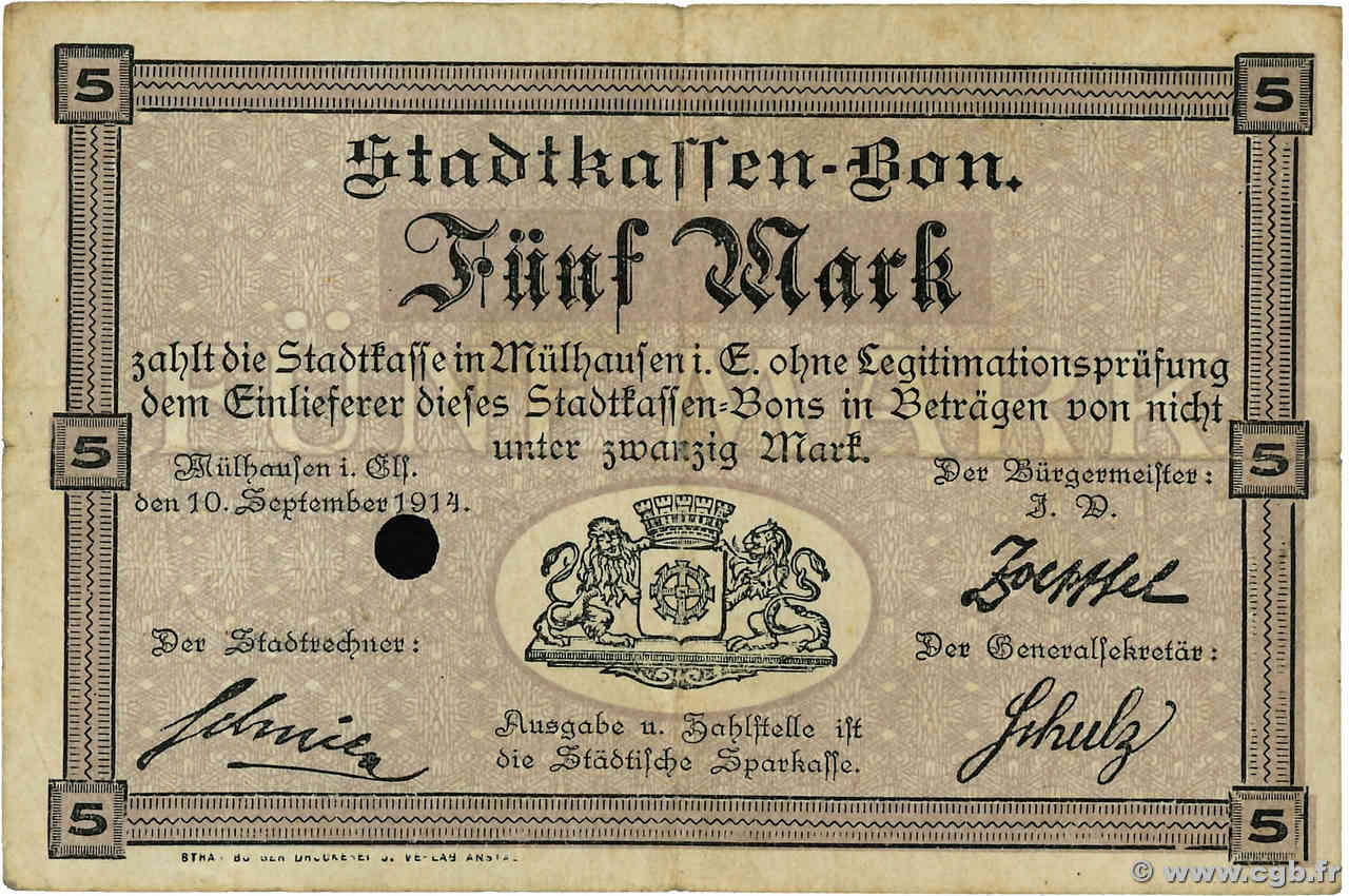 5 Mark DEUTSCHLAND Mulhouse 1914 JP.68-281 S