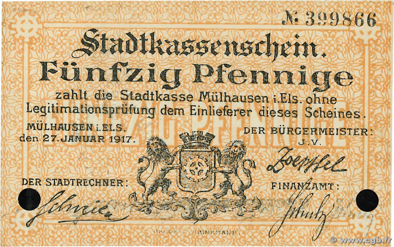 50 Pfenninge DEUTSCHLAND Mulhouse 1917 JP.68-282 ST