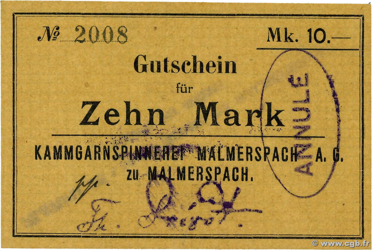 10 Mark Annulé DEUTSCHLAND Malmerspach 1914 JP.68-191 ST