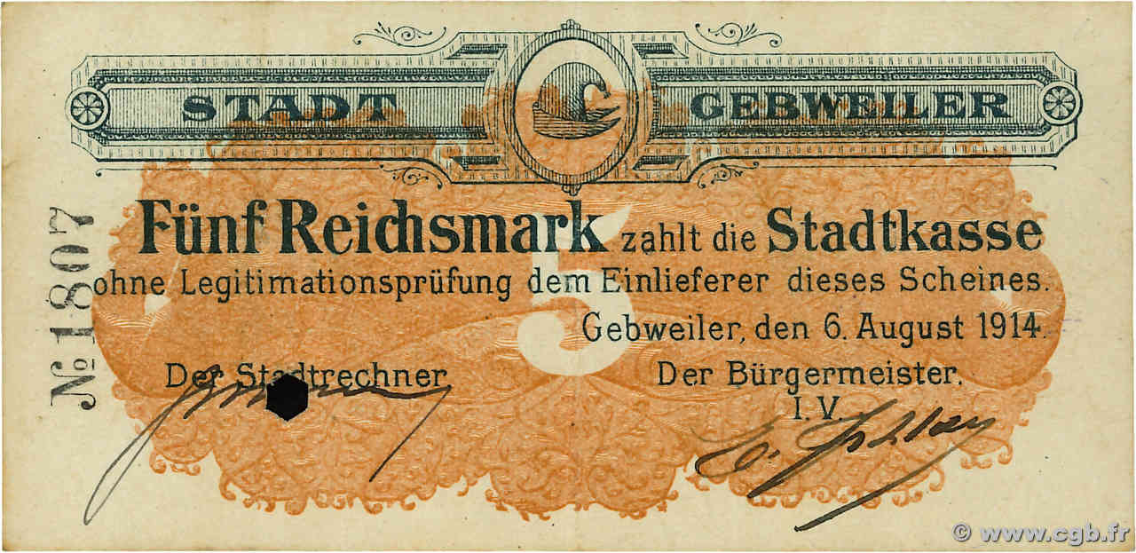 5 Reichsmark Annulé ALEMANIA Gebweiler 1914 JP.68-114 MBC+