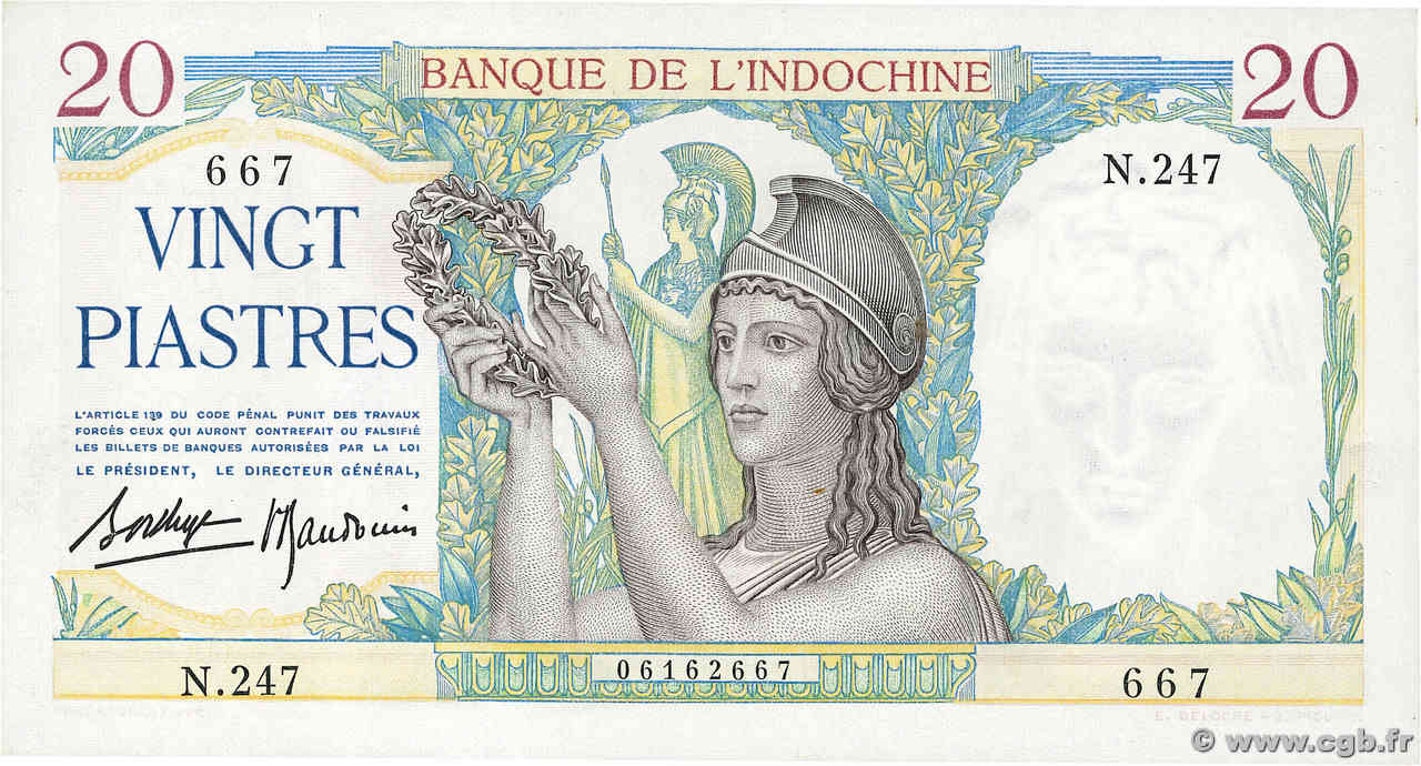 20 Piastres INDOCHINE FRANÇAISE  1936 P.056b SPL