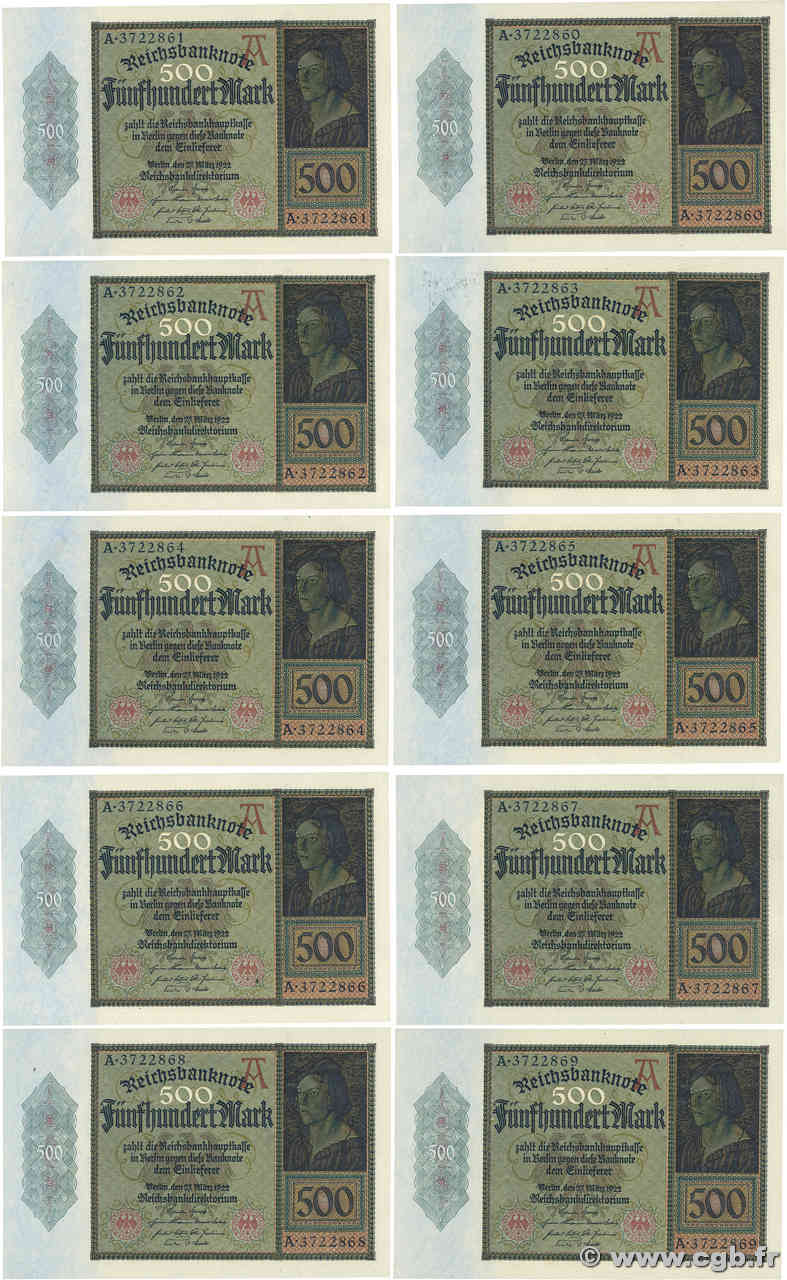 500 Mark Consécutifs GERMANY  1922 P.073 AU+