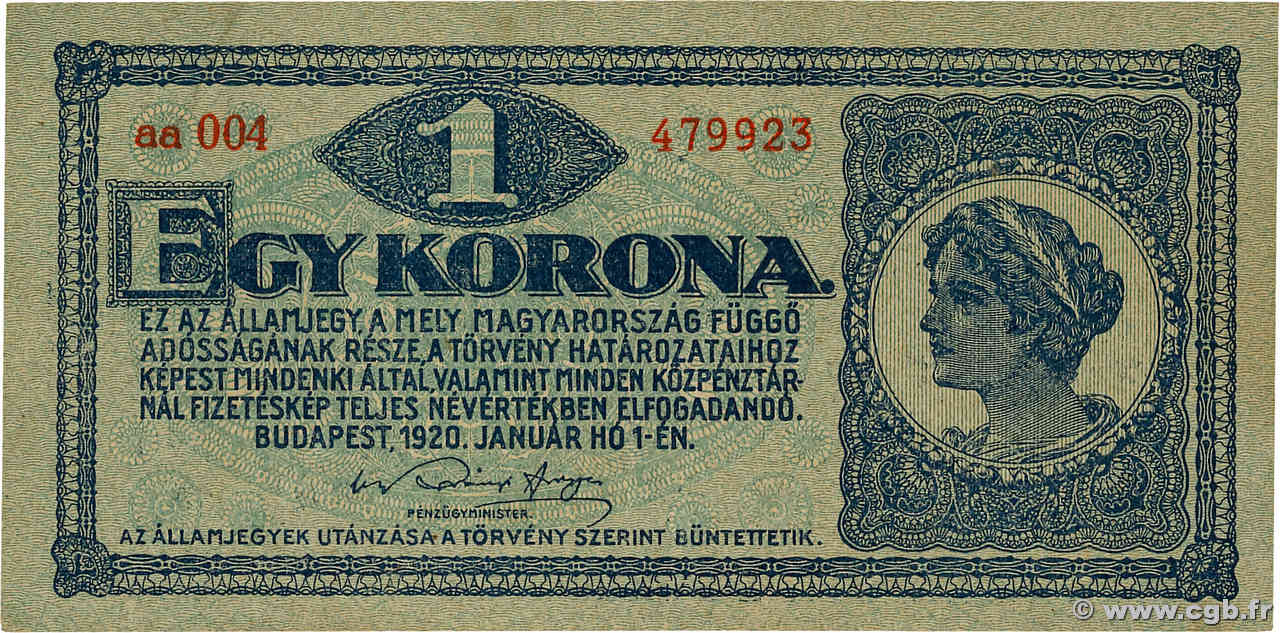 1 Korona HUNGARY  1920 P.057 XF-