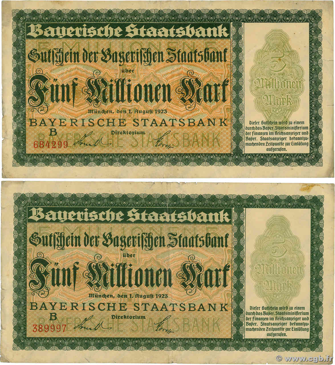 5 Millionen Mark Lot ALLEMAGNE Münich 1923  B+