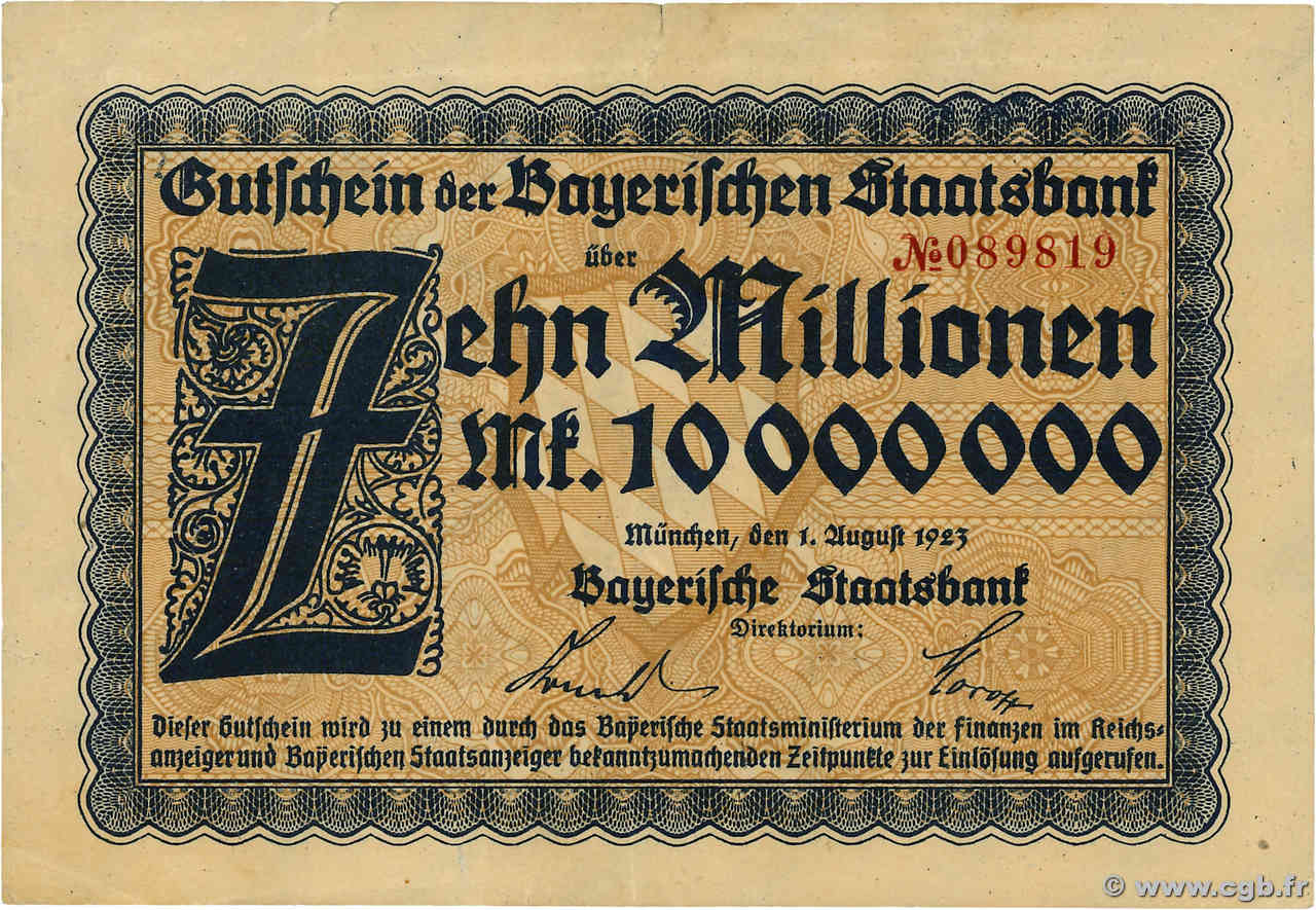 10 Millionen Mark ALLEMAGNE Münich 1923  pr.TTB