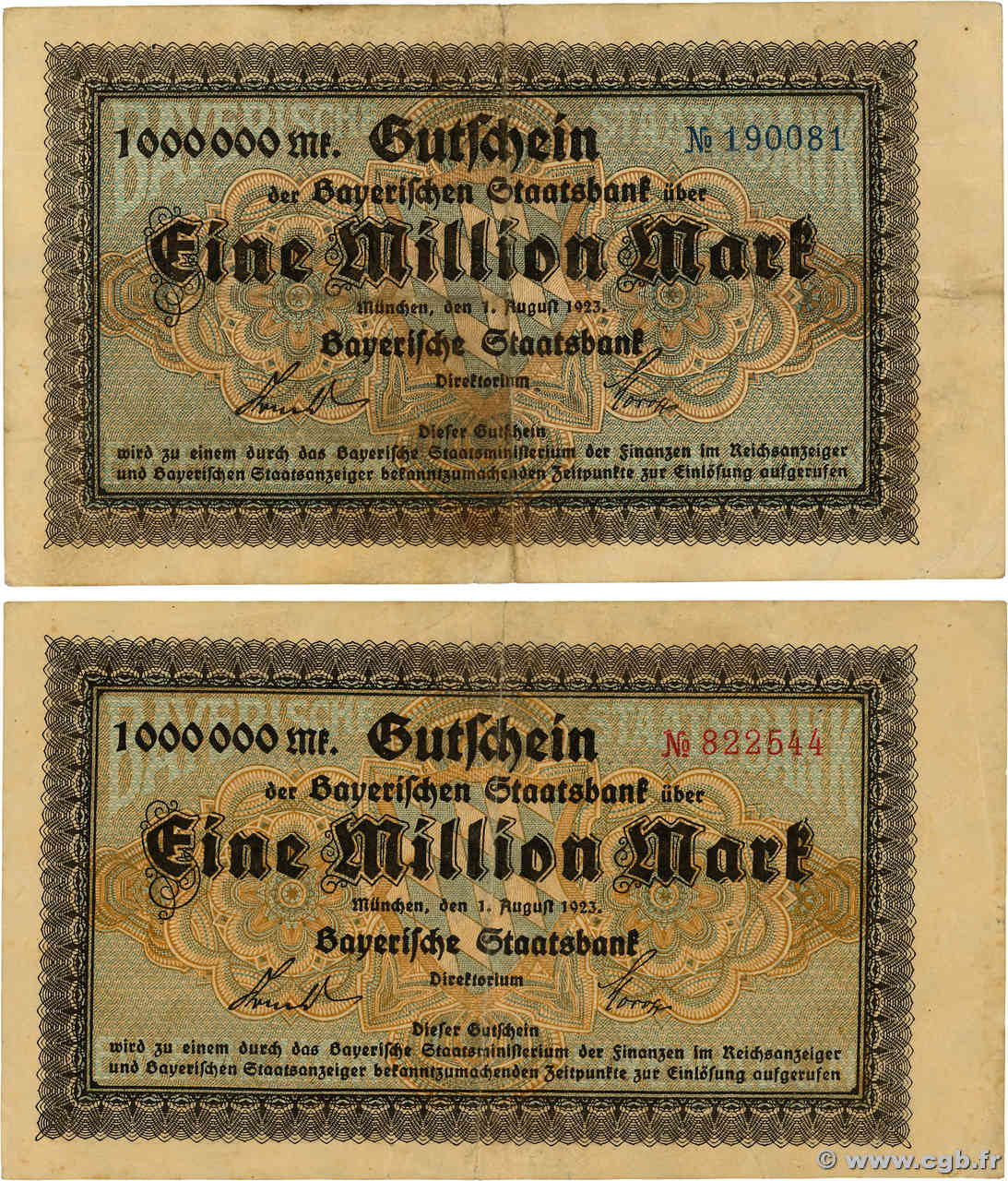 1 Million Mark Lot ALLEMAGNE Münich 1923  TB