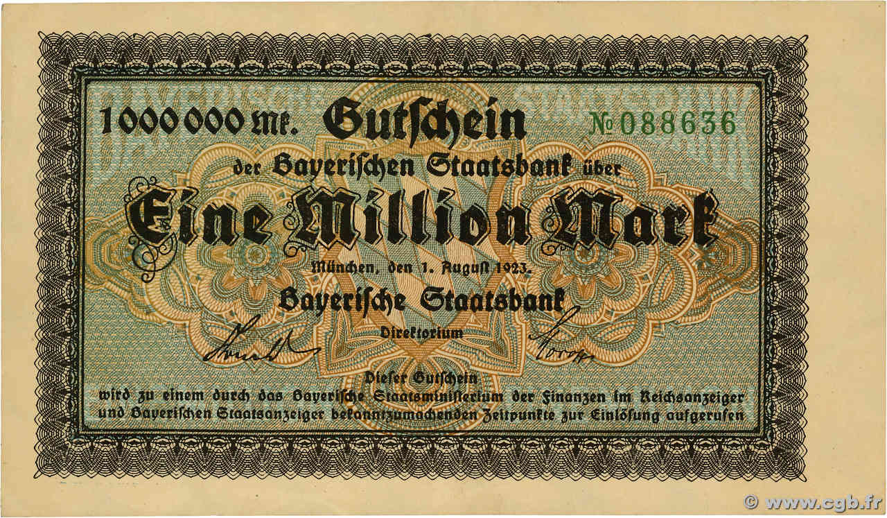 1 Million Mark GERMANY Münich 1923  XF