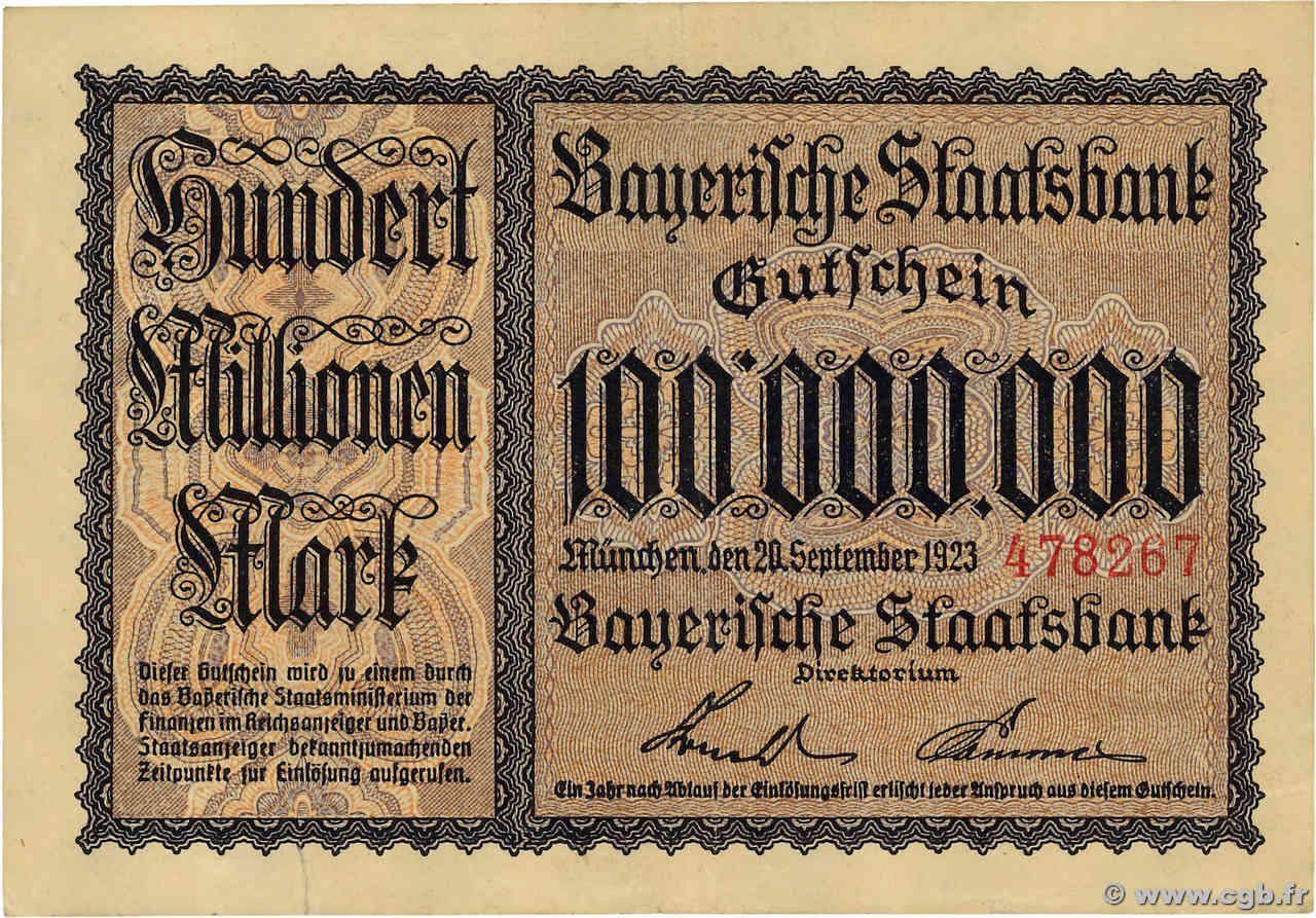 100 Millionen Mark GERMANIA Münich 1923  BB