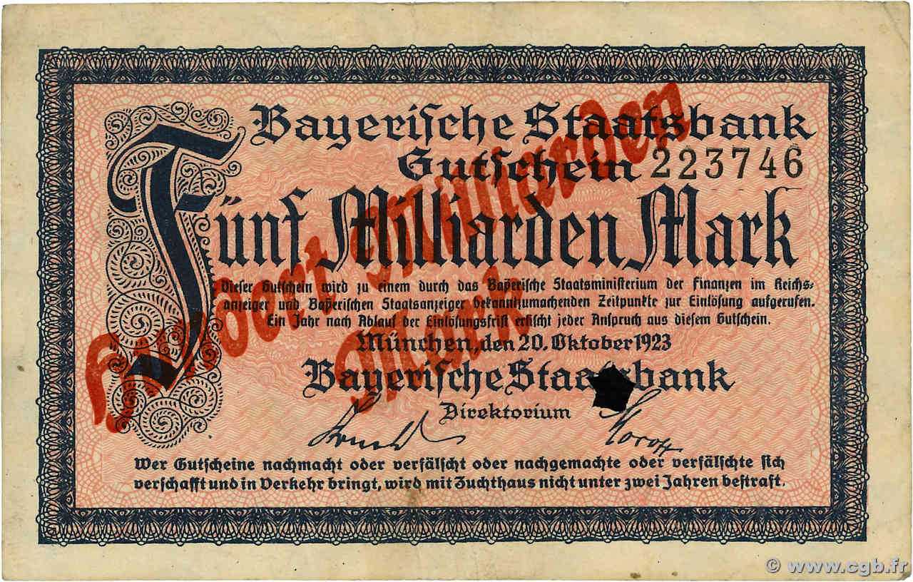 100 Milliarden Mark / 5 Milliarden Mark ALLEMAGNE Münich 1923  TB