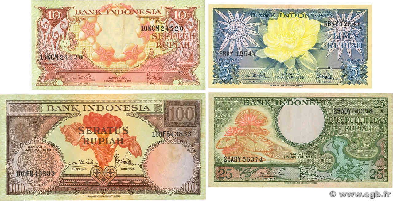 5, 10, 25 et 100 Rupiah Lot INDONÉSIE  1957 P.065, P.066, P.067 et P.069 TTB